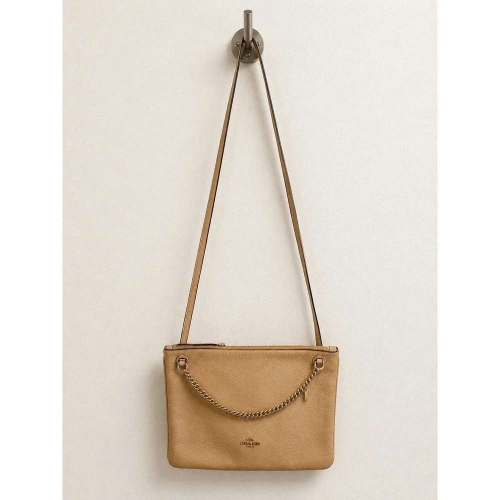 Coach Convertible Leather Tan Pebbled Cross Body Bag Purse w/Gold Chain Accent